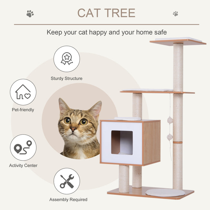 Wooden Cat Tree with Scratching Post - Indoor Kitten Activity Center, Condo House, Cushion & Hanging Toy - Multi-Level Play & Rest Area for Cats