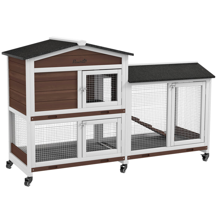 Wooden Dual-Level Rolling Animal Hutch - Spacious Enclosure with Easy Mobility - Ideal Shelter for Small Pets in Brown