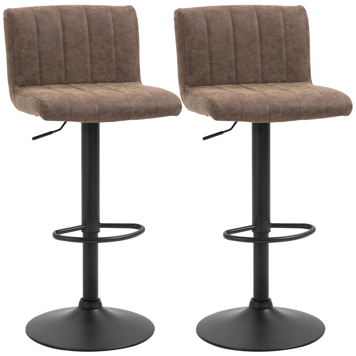 Adjustable Height Swivel Gas Lift Barstools - Set of 2, PU Leather, Footrest, Brown - Ideal for Home Bar or Kitchen Counter Seating