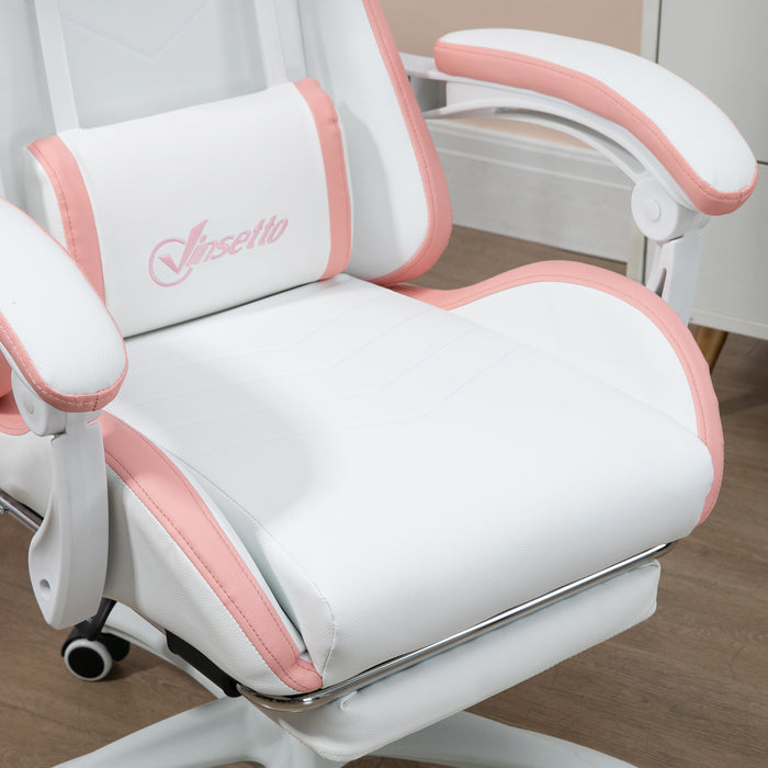 Racing Gaming Chair - Reclining PU Leather Desk Chair with Swivel, Footrest & Removable Headrest - Ergonomic Design for Gamers, White & Pink