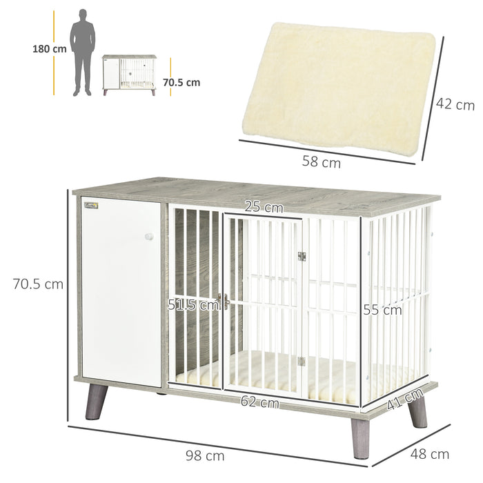 Indoor Pet Kennel Cage with Soft Cushion - Elegant Dog Crate Furniture and End Table Combo, Lockable Door - Stylish Home Accessory for Small Dogs, 98x48x70.5 cm - Grey