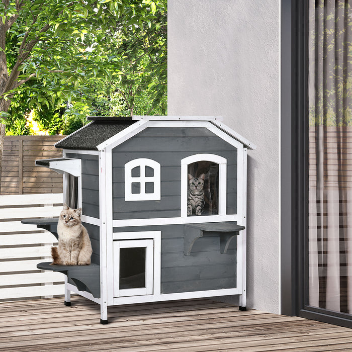 Waterproof Solid Wood Cat Condos - 2-Story Outdoor Pet House with Grey Finish - Ideal Shelter for Cats