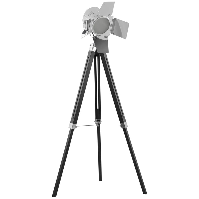 Nautical Cinema-Style Industrial Floor Lamp - Adjustable Wood-Legged Tripod Spotlight, Black & Silver - Elevates Living and Bedroom Ambiance