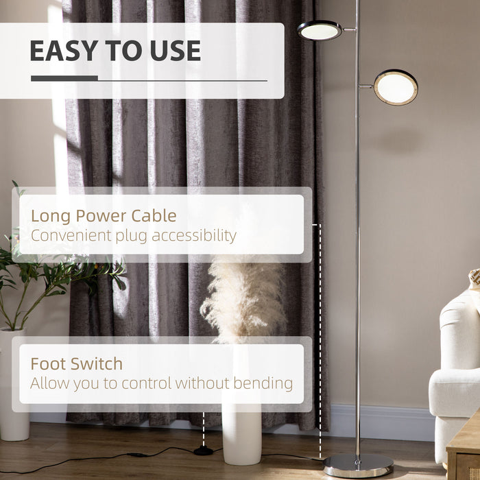 Chrome LED Floor Lamp with Dual Adjustable Heads - Modern Standing Light for Living Room - 25x25x165cm Bright Illumination Fixture