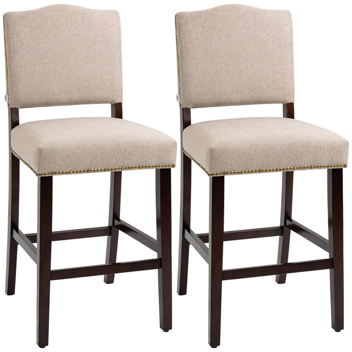 Thick Padded Beige Fabric Bar Stools, Set of 2 - Upholstered Kitchen Stools with Back, Nailhead Trim & Sturdy Wooden Legs - Elegant Seating Solution for Bar & Kitchen Spaces