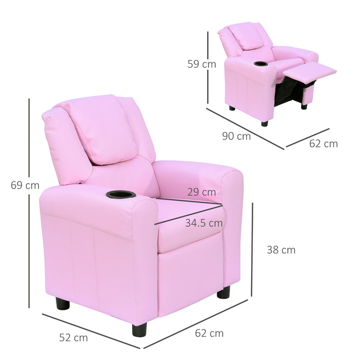 Kids' Cozy Reclining Chair with Refreshment Cupholder - Comfy Pink Armchair for Children - Perfect for Reading & Relaxation Spaces