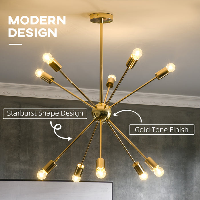 10-Light Sputnik Chandelier - Modern Gold-Tone Ceiling Fixture with E27 Base, 65cm x 65cm x 78.5cm - Stylish Illumination for Bedrooms and Living Rooms