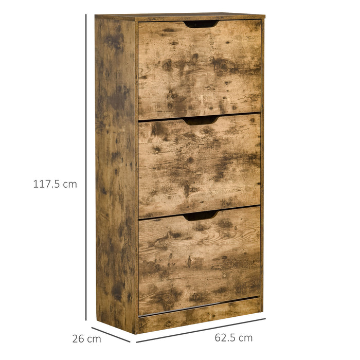 Storage Rack with Open Shelf - 3-Flip Door Shoe Cabinet, Internal Dividers, 12-18 Pair Capacity - Space-Saving Organizer for Footwear, Rustic Brown Design
