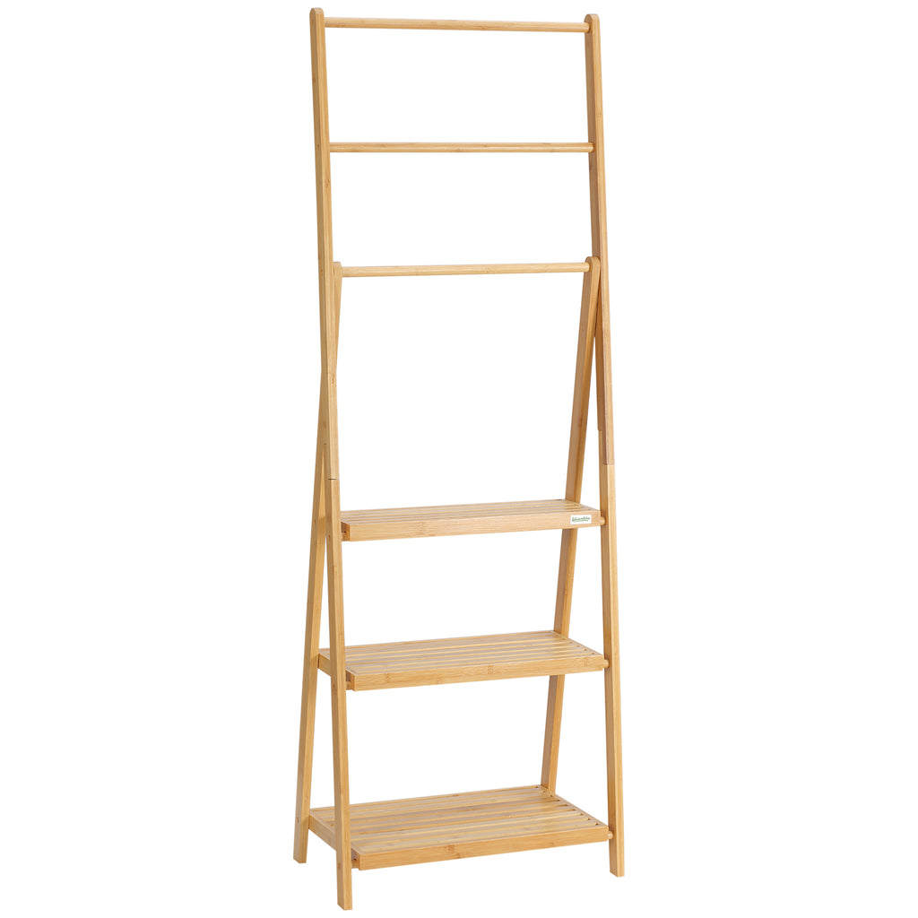 Bamboo Towel Stand with 3 Hanging Bars - Eco-Friendly Freestanding Rack with Storage Shelves - Space-Efficient Folding Design for Bathroom Organization