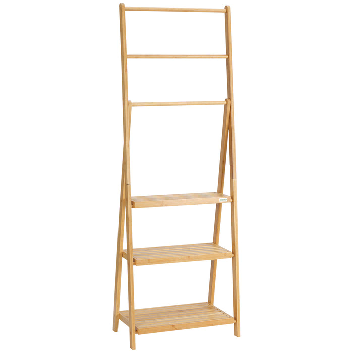 Bamboo Towel Stand with 3 Hanging Bars - Eco-Friendly Freestanding Rack with Storage Shelves - Space-Efficient Folding Design for Bathroom Organization