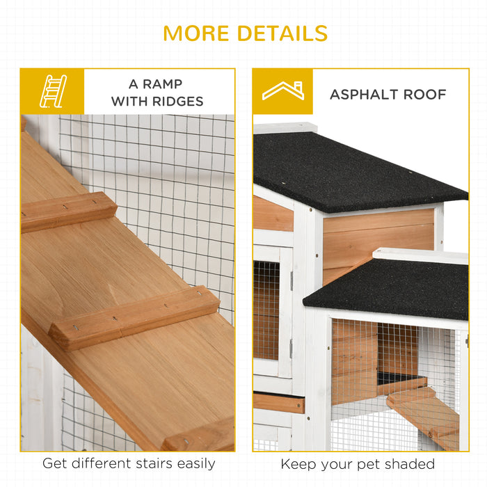 Wooden Rabbit Hutch with Double Decker Design - Mobile Guinea Pig Cage with Bunny Run, Wheels, Slide-Out Tray, Ramp - Ideal for Small Pets & Easy Cleaning