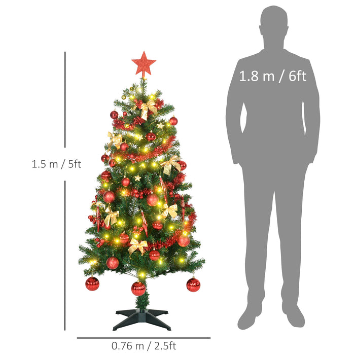 Artificial Prelit 5-Foot Christmas Tree - Warm White LED Lights, Auto-Open Design, with Tinsel and Ball Ornaments - Ideal for Festive Holiday Home Decoration