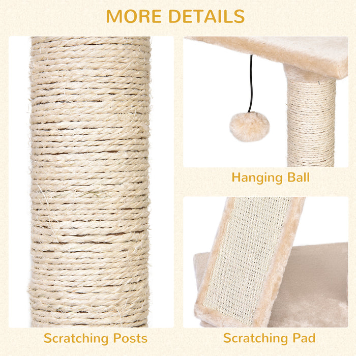 3-Tier Sisal Rope Cat Scratching Post with Dangling Toy - Beige Multi-Level Cat Scratcher - Ideal for Play and Claw Health Maintenance