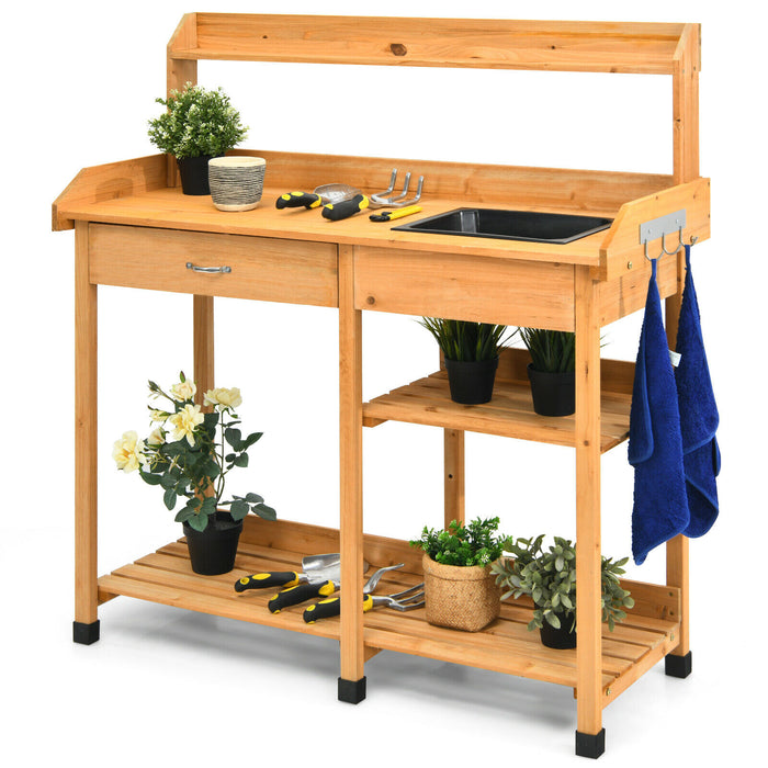 Wooden Garden Workstation - Planting Table with Sink and Hook - Ideal for Gardeners and Plant Lovers