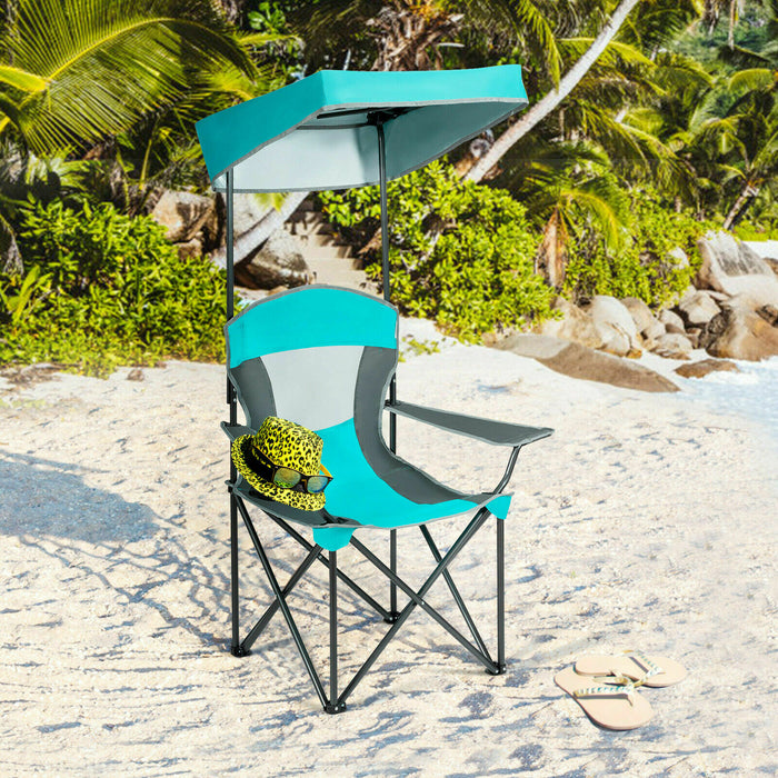 Portable Outdoor Seating Solution - Foldable Camping Chair with Sunshade Canopy and Beverage Holder in Blue - Ideal for Campers, Outdoor Enthusiasts, and Beach Goers