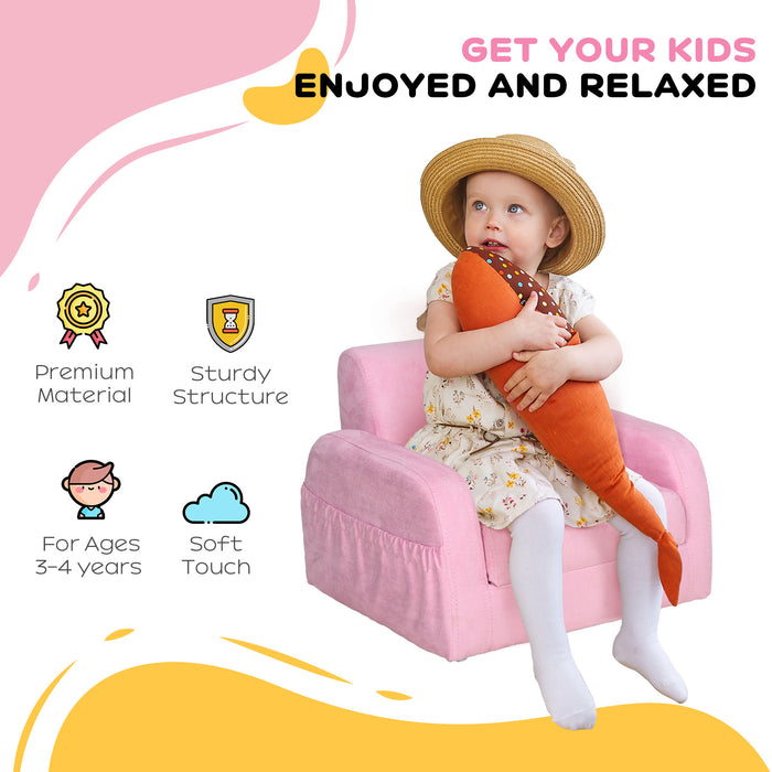 Kids 2-in-1 Armchair and Sofa Bed - Pink, Padded with Fold Out Design, Wood Frame - Perfect for Children's Bedroom or Playroom
