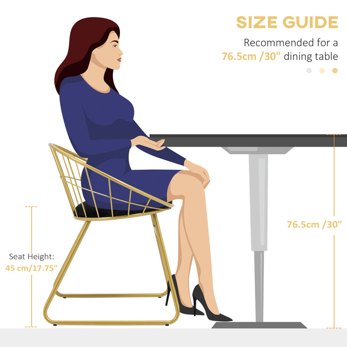 Metal Wire Dining Chair Duo - Velvet Cushion & Round Back Design with Durable Steel Frame - Elegant Seating for Living Room & Bedroom, Gold Finish