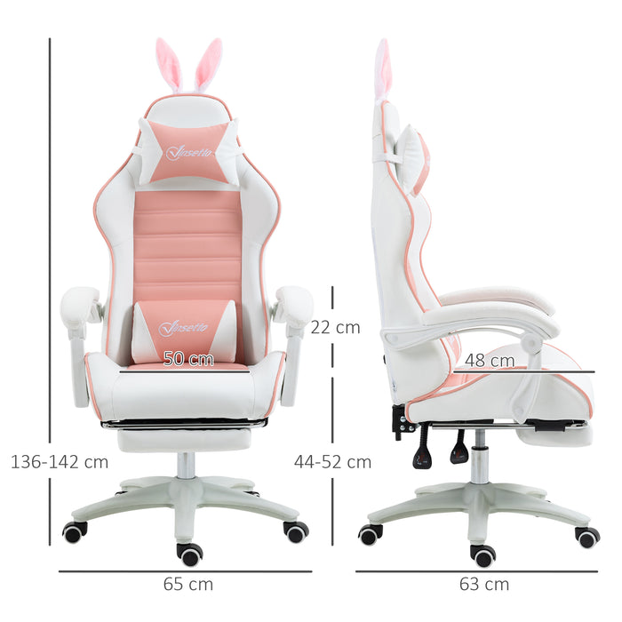 Racing-Style Gaming Chair with Removable Bunny Accents - Ergonomic PU Leather Recline, Headrest, Lumbar Support, and Extendable Footrest - Perfect for Gamers and Streamers with a Flair for Fun