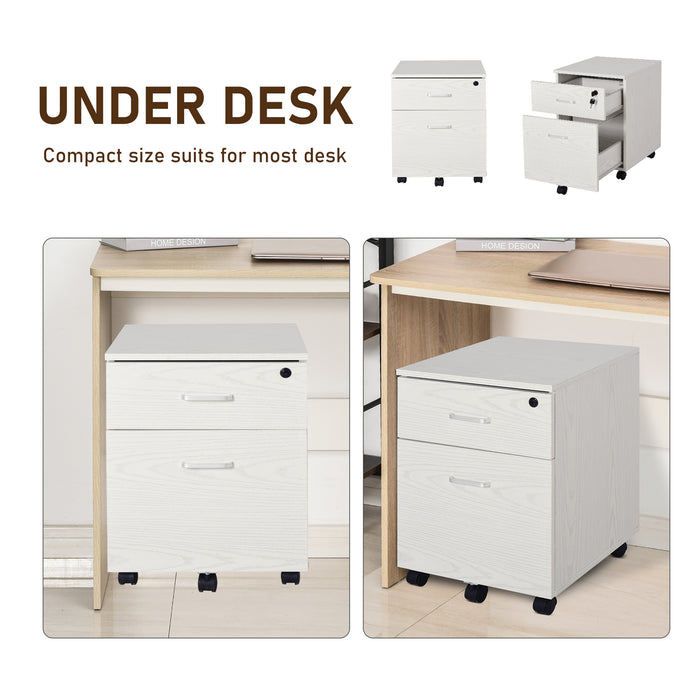 Lockable 2-Drawer Filing Cabinet with 5 Wheels - Rolling Office Storage for Legal & Letter Files - Sleek White Cupboard for Home Organization
