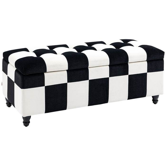 Velvet Storage Ottoman - 114cm Luxury Button-Tufted Footstool, Toy Box with Lid - Elegant Décor for Living Room and Bedroom, White & Black