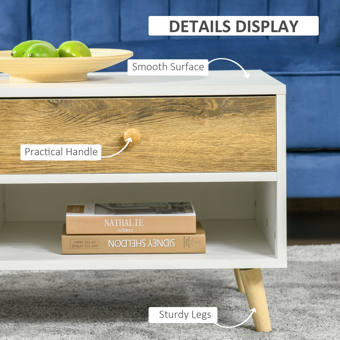 Rectangular Coffee Table with Storage - Dual-Drawer Side Table with 2 Shelves, White and Brown Finish - Stylish Organization for Living Room, Bedroom, Office