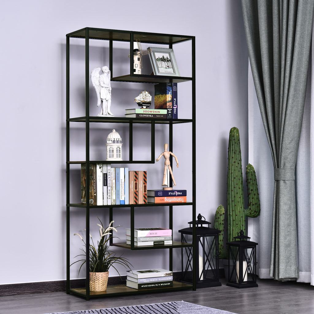 Industrial 6-Tier Staggered Wood Shelving Unit - Modern Bookcase and Display Rack for Living Room - Home Organization and Storage Solution
