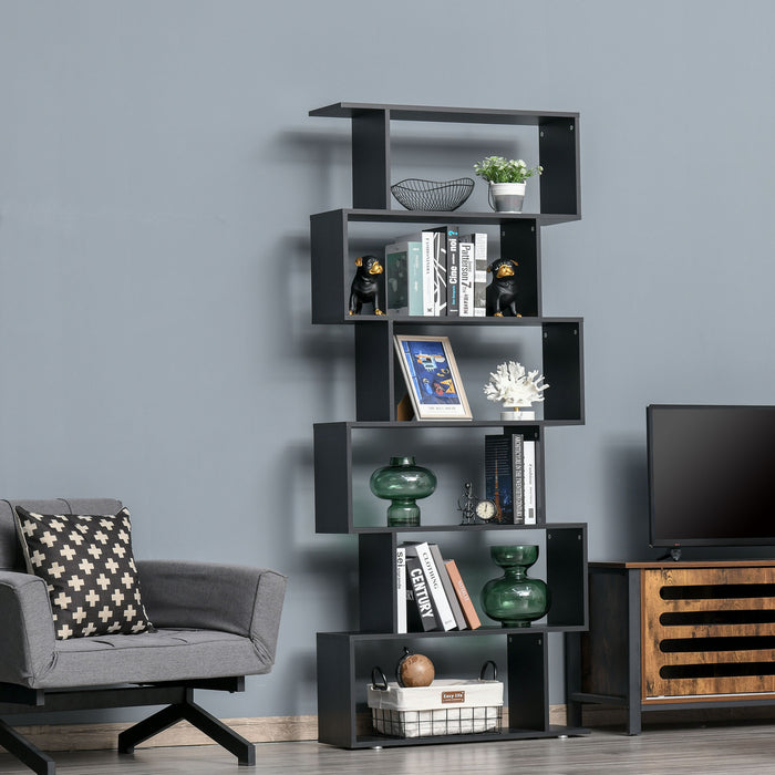 S Shape 6-Tier Wooden Bookshelf - Open Concept Bookcase Storage and Display Unit, Black - Ideal for Home Office and Living Room Organization