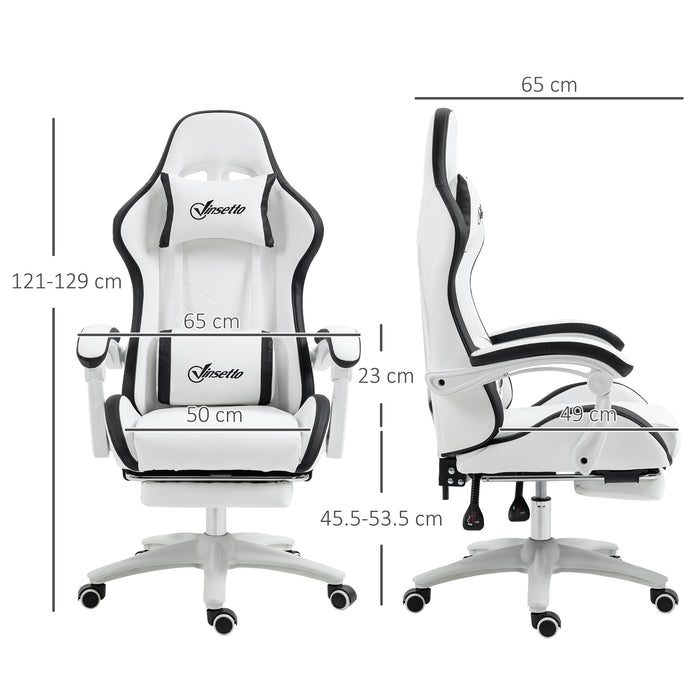 Racing Gaming Chair with 360° Swivel - Reclining PU Leather Computer Chair, Footrest & Removable Headrest in White and Black - Designed for Gamers and Home Office Comfort