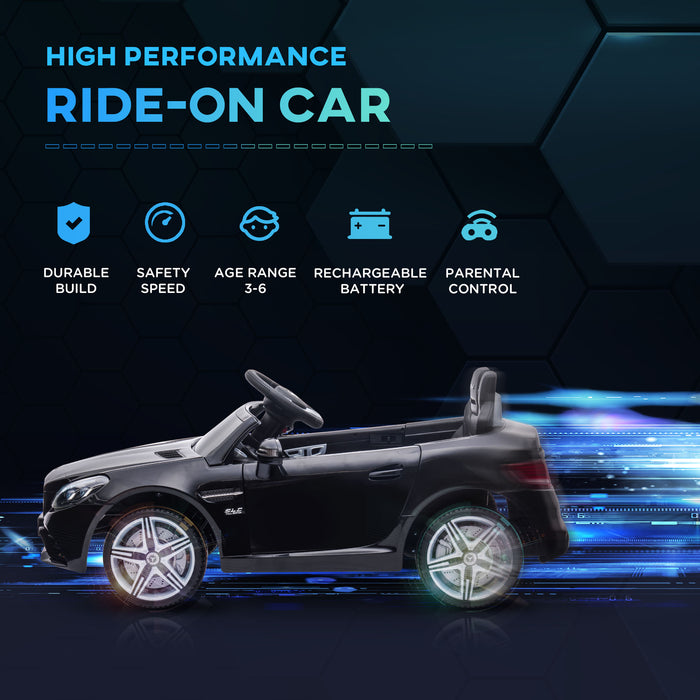 Mercedes Benz SLC 300 Electric Ride-On Car - 12V Dual Motor with Parental Remote, Music, Lights, and Suspension - Ideal for Children 3-6 Years, Sleek Black Design