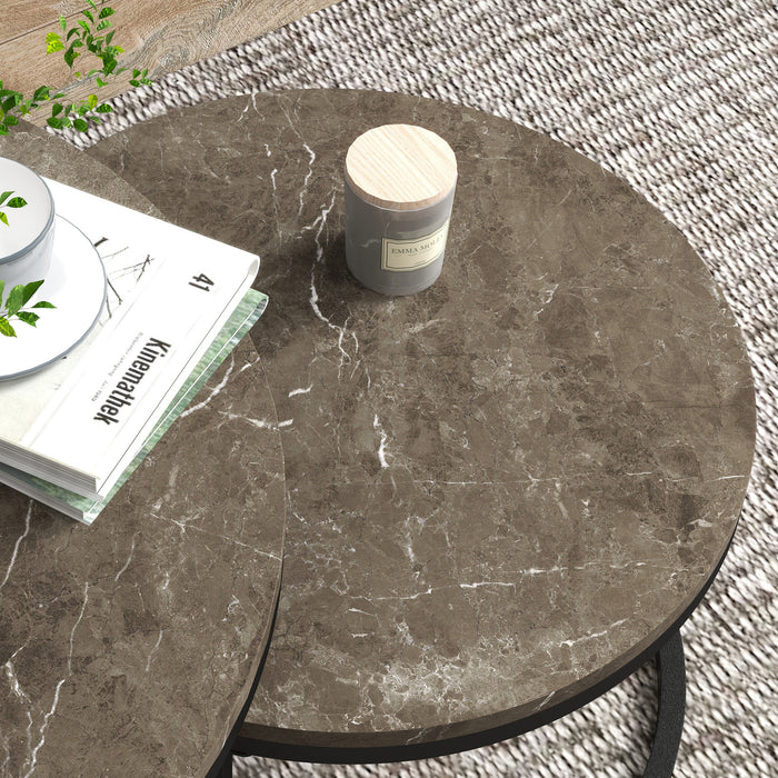 Round Industrial Nesting Coffee Tables Set - Faux Marble Top with Sturdy Steel Frame - Space-Saving Furniture for Living Rooms