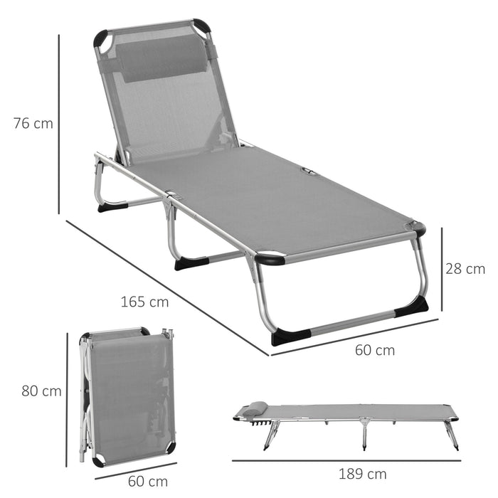 Foldable Reclining Sun Lounger with Pillow - 4-Level Adjustable Back, Aluminium Frame, Portable Outdoor Lounge Chair - Ideal for Camping, Relaxing in Garden and Patio Use