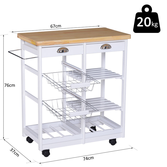 Kitchen Island Trolley Cart with Wine Rack - Rolling Storage Unit with Drawers, Shelves, and Basket on Wheels - Versatile Organizer for Home Chefs and Entertaining