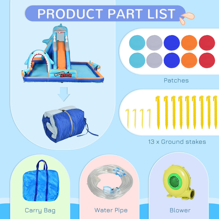 6-in-1 Shark-Themed Inflatable Play Center - Bouncy Castle, Water Park, Slide, Pool, Trampoline with Blower - Ideal for Kids Aged 3-8 Years