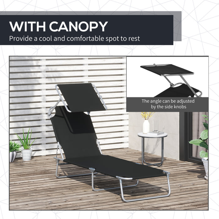 Folding Sun Lounger with Canopy - Reclining Chair for Beach & Garden, Adjustable Patio Recliner - Ideal for Outdoor Relaxation and Sun Protection (Black)