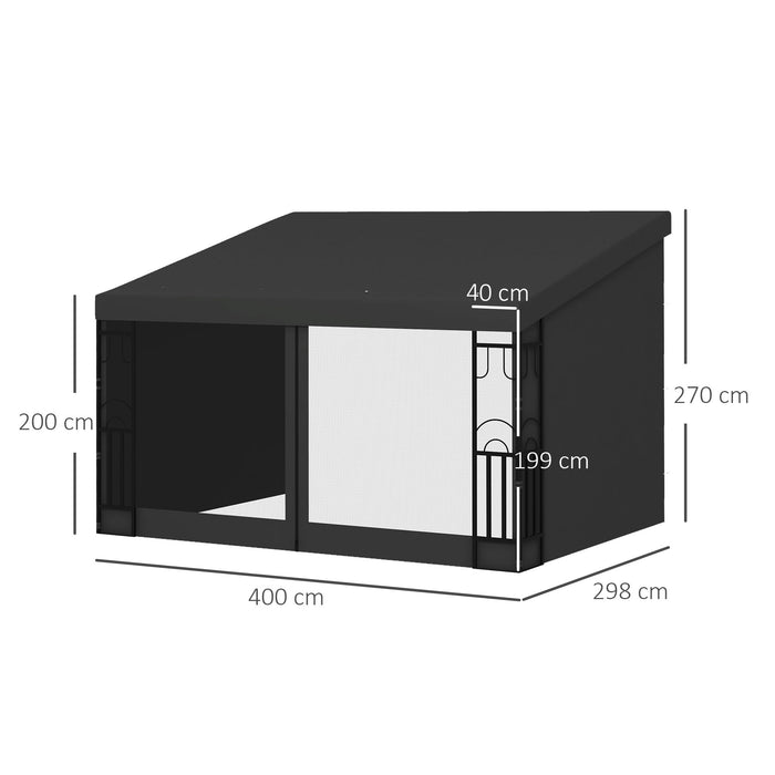 Wall-Mounted 3x4m Lean-To Pergola Gazebo - Garden Structure with UV-Resistant Roof, Includes 2 Curtains & 2 Nettings - Ideal for Patio, Deck Shelter & Outdoor Comfort