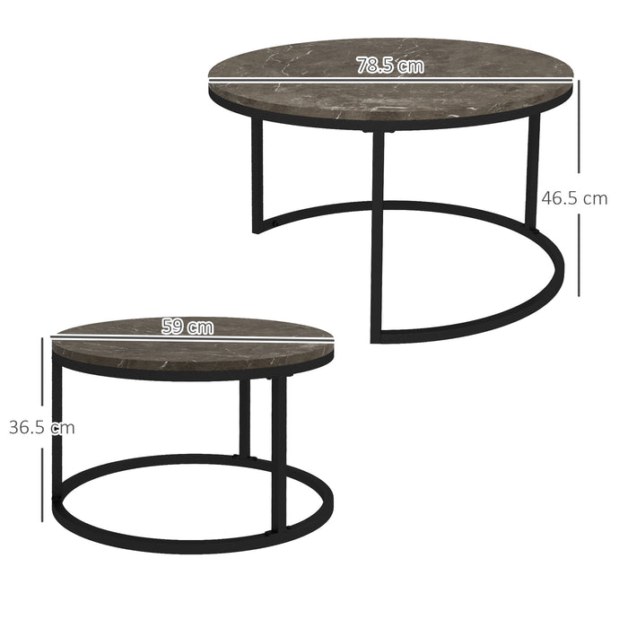 Round Industrial Nesting Coffee Tables Set - Faux Marble Top with Sturdy Steel Frame - Space-Saving Furniture for Living Rooms