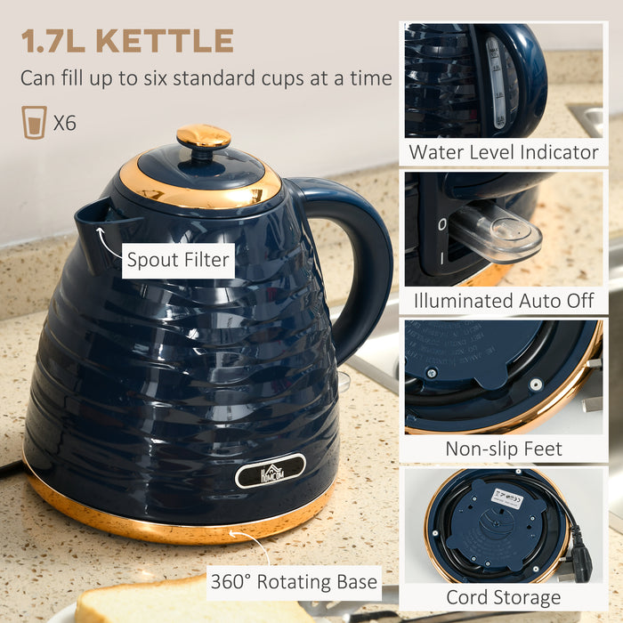 3000W 1.7L Fast-Heating Electric Kettle & Efficient 4-Slice Toaster - Complete Breakfast Station with Variable Browning Settings and Removable Crumb Tray, Blue - Ideal for Busy Families and Morning Convenience