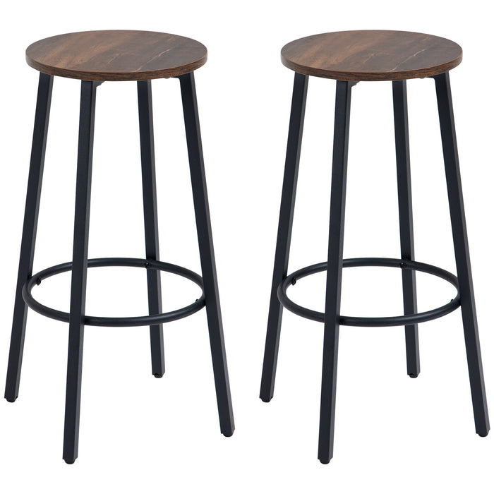 Set of 2 Industrial Bar Chairs with Steel Legs - Rustic Brown Stools with Round Footrest for Dining & Kitchen - Perfect for Home Bar and Entertaining Spaces