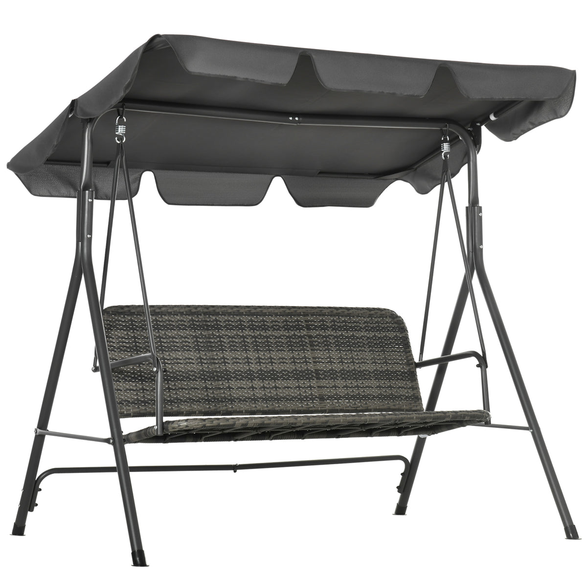 3-Person PE Rattan Swing Chair - Patio Wicker Hanging Bench with Sturdy Steel Frame and Adjustable Grey Canopy - Outdoor Comfort for Family and Friends
