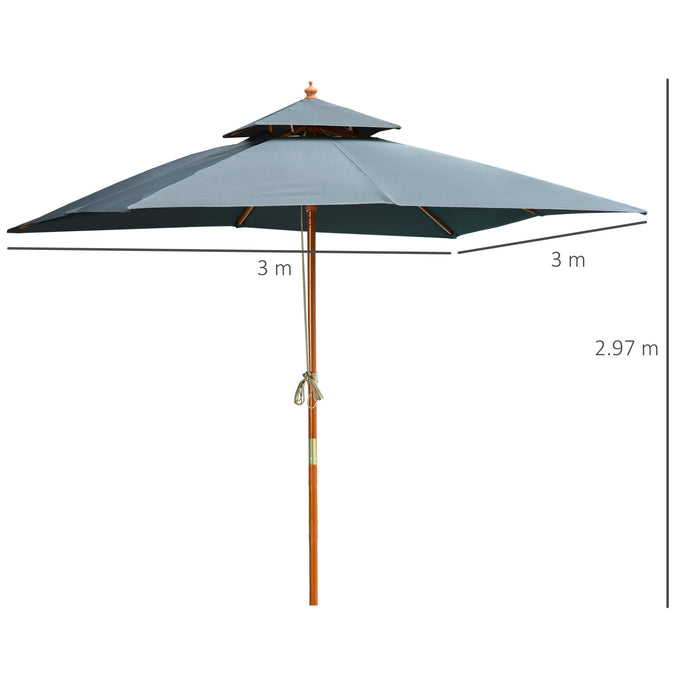 Wood Square Patio Umbrella - 3x3m Garden Market Sunshade with Dual Pulley System in Pagoda Style, Dark Grey - Ideal for Outdoor Comfort and UV Protection
