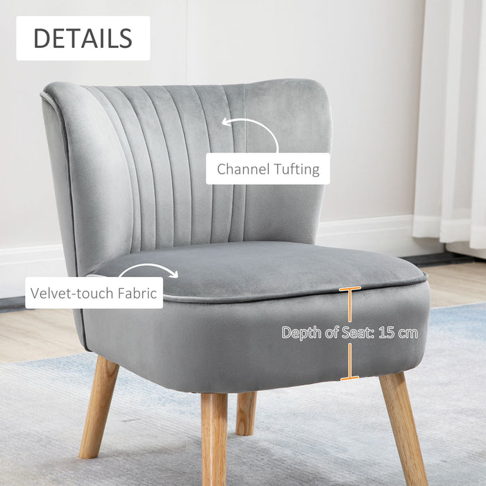Velvet Tub Chair with Ottoman - Padded Occasional Accent Seat with Curved Back and Wooden Legs - Stylish Seating for Home Comfort in Light Grey