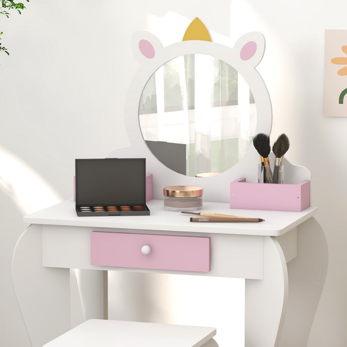 Unicorn-Design Vanity Set for Children - Dressing Table with Mirror and Matching Stool - Perfect for Kids' Bedroom Decor and Playtime