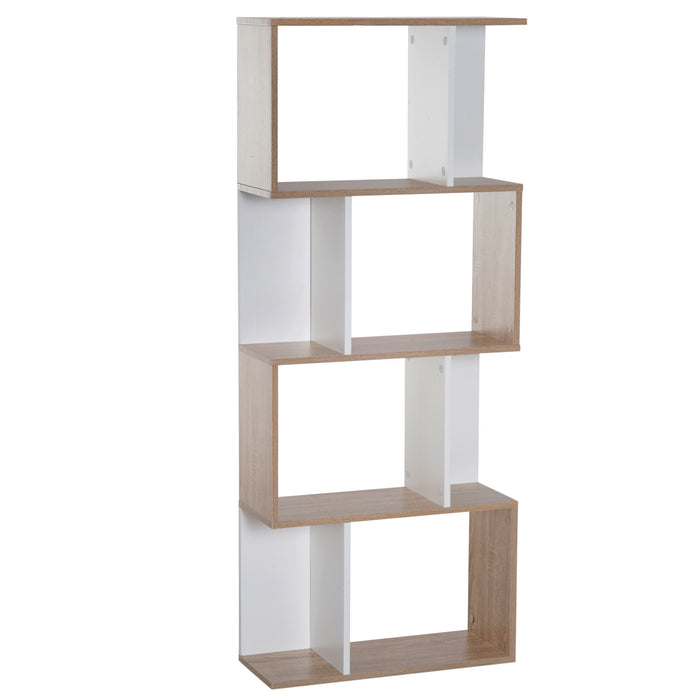 4-Tier Particle Board S-Shaped Bookcase - Modern Storage Display Shelving Unit - Elegant Room Divider for Home or Office Decor