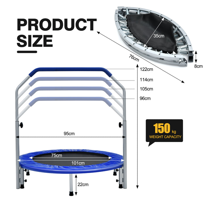 Foldable Trampoline, 101cm - With 4-Level Adjustable Handle, Blue - Ideal for Adults Seeking Indoor Fitness Activities