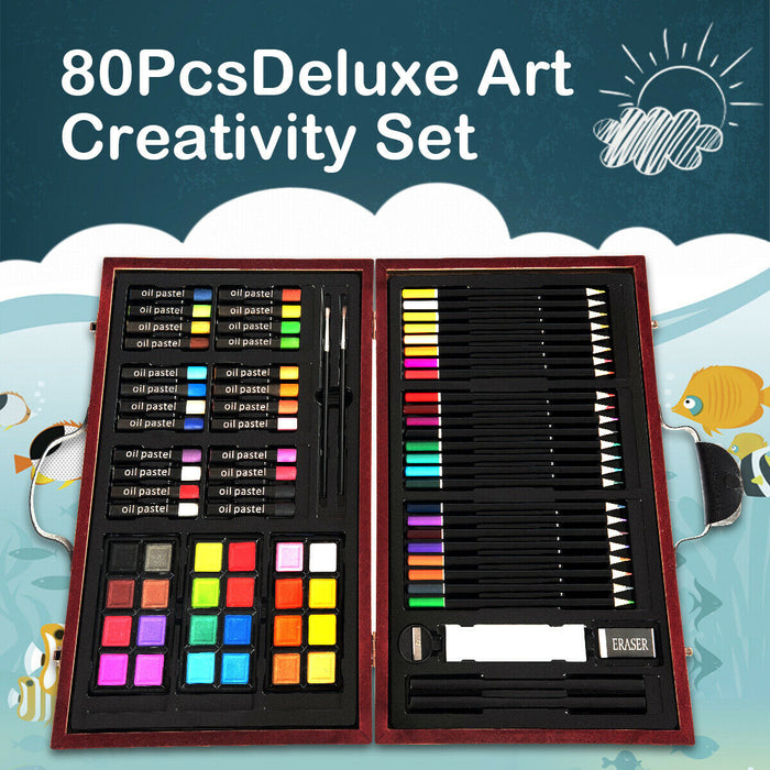 Deluxe 80-Piece Art Set with Wooden Storage - Comprehensive Range for Sketching, Drawing, and Painting - Ideal for Art Beginners and Hobbyists