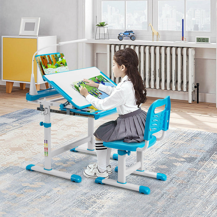 Adjustable Height Kids Desk - Tilted Workspace with Integrated Lamp and Drawer - Ideal Study Set for Children