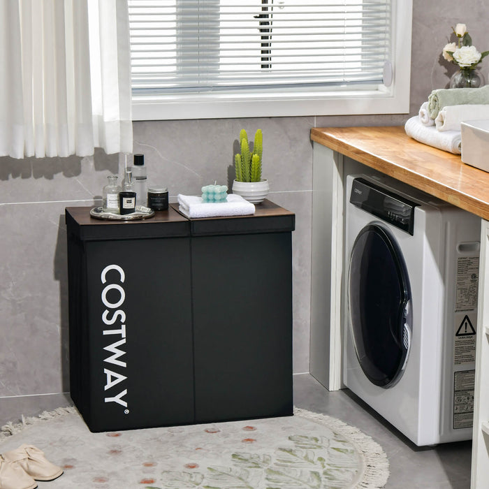 105L Laundry Hamper - Wooden Lid with 2 Separate Sections, Black - Ideal for Organizing and Sorting Laundry