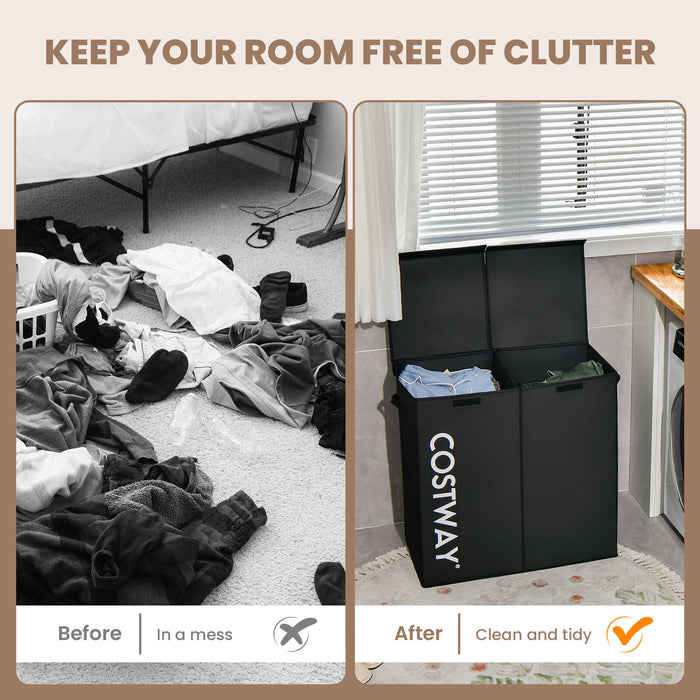 105L Laundry Hamper - Wooden Lid with 2 Separate Sections, Black - Ideal for Organizing and Sorting Laundry