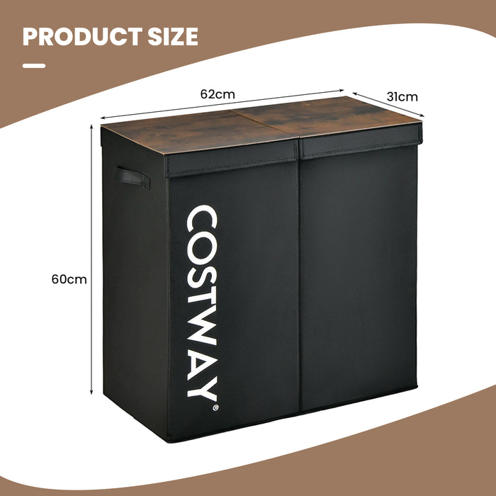 105L Laundry Hamper - Wooden Lid with 2 Separate Sections, Black - Ideal for Organizing and Sorting Laundry