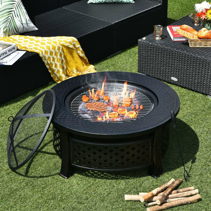 Outdoor Fire Pit Set - 3 in 1 Round Design With BBQ Grill and Rain Cover - Ideal for Outdoor Entertaining and Cooking